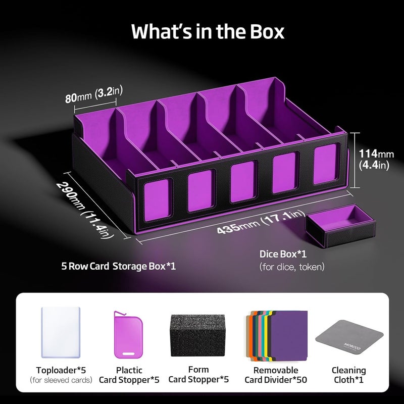 MORCCO Trading Card Storage Box 5-Row 3900+ Capacity,TCG MTG Card Case with Magnetic Lid & Commander Display,Top Loader Storage for Sports Cards,Includes Dividers Dice Box（Black Purple） - Image 2